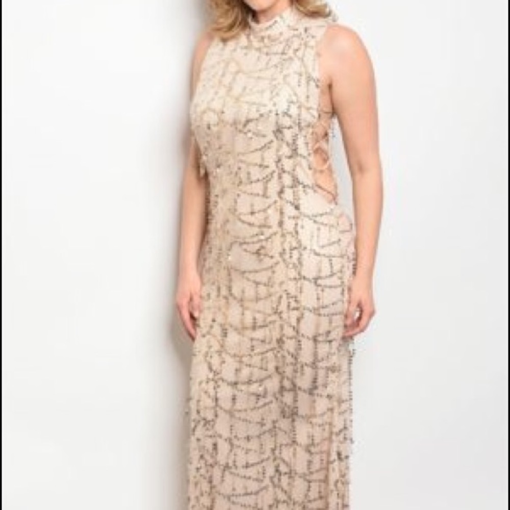 Nude Sequins Mock Neck Party Dress Plus Size